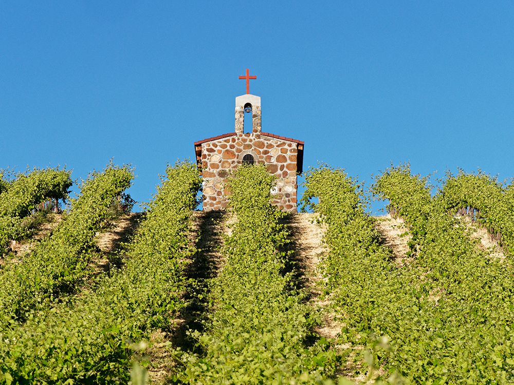 Red Willow Vineyards with stone chapel (PR) art print by Julie Eggers for $57.95 CAD