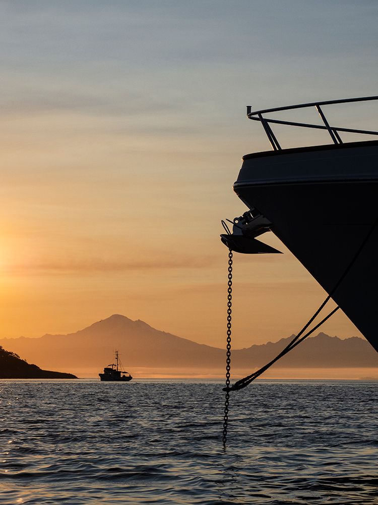 USA, Washington State, San Juan Islands, Sucia Island. Boats silhouetted in sunset. art print by Merrill Images for $57.95 CAD