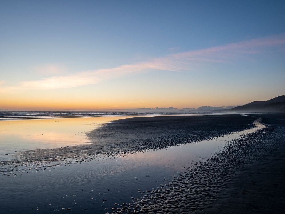 Sunset over beach and stream on a beach, Olympic Peninsula, Washington State. art print by Merrill Images for $57.95 CAD