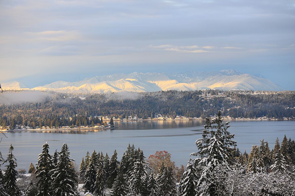 Bremerton, Washington State, Usa. Autumn snow, Puget Sound, Olympic Mountains and Dyes Inlet art print by Jolly Sienda for $57.95 CAD