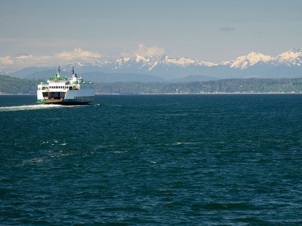 Washington State-Seattle-Washington State Ferry on Elliott Bay-Olympic Mountains in background art print by Jamie and Judy Wild for $57.95 CAD
