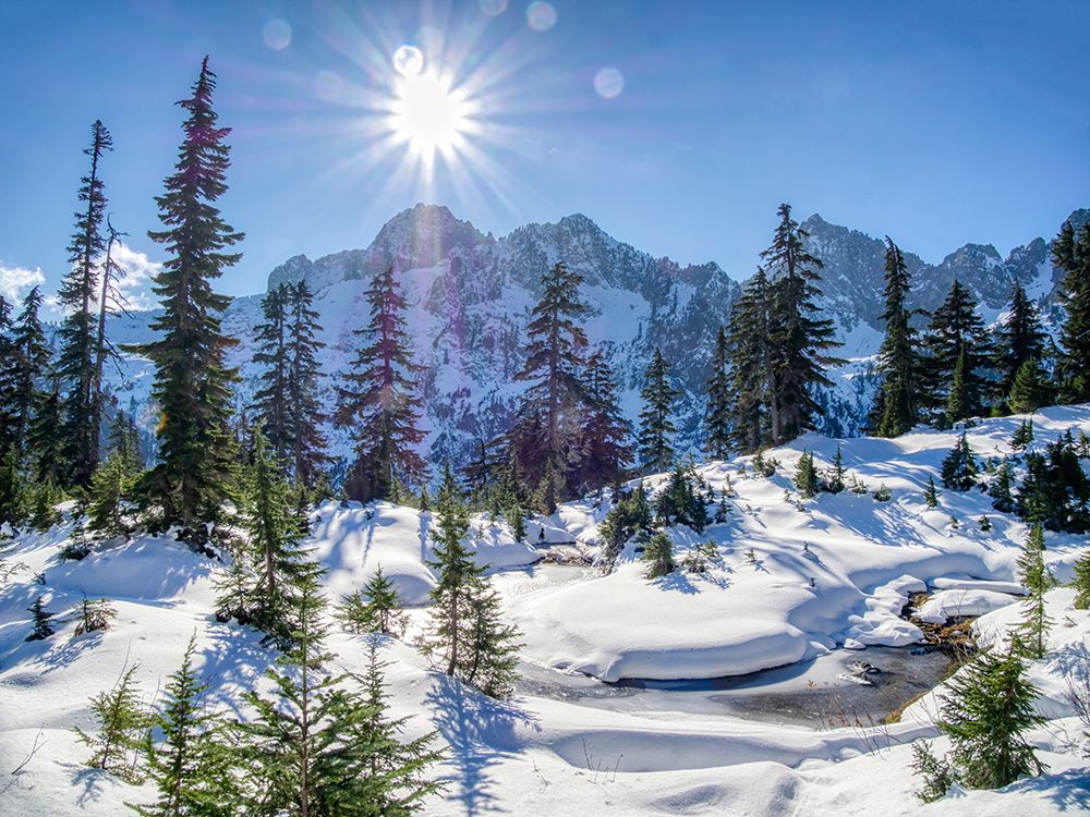 USA-Washington State-Alpine Lakes Wilderness Frozen alpine pond and fresh snow and Cascade Range art print by Jamie and Judy Wild for $57.95 CAD