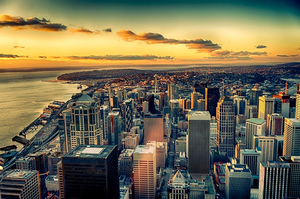 Washington State-Seattle Dusk on the Seattle skyline and Elliot Bay art print by Richard Duval for $57.95 CAD