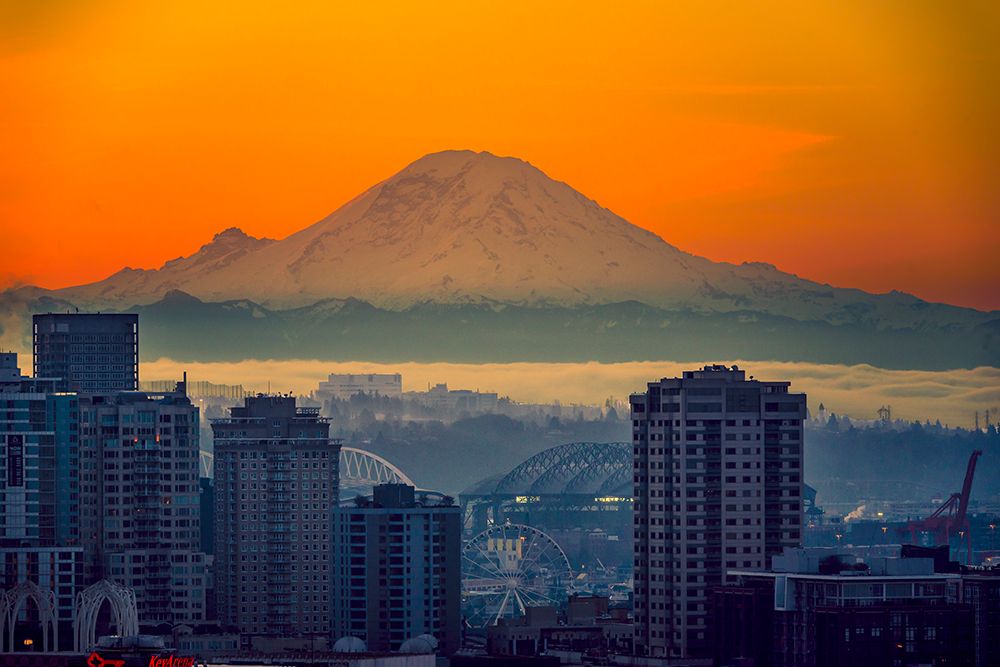 USA-WA-Seattle Dawn on Seattle skyline from Queen Anne Hill with Mt Rainier in the background art print by Richard Duval for $57.95 CAD