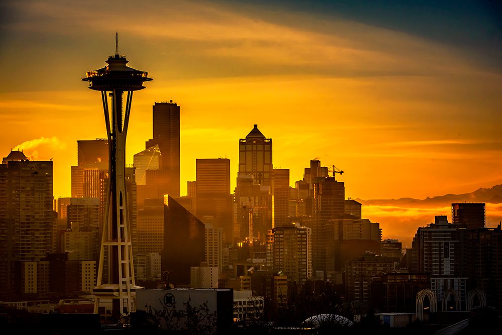 USA-WA-Seattle Dawn on Seattle skyline from Queen Anne Hill with Mt Rainier in the background art print by Richard Duval for $57.95 CAD
