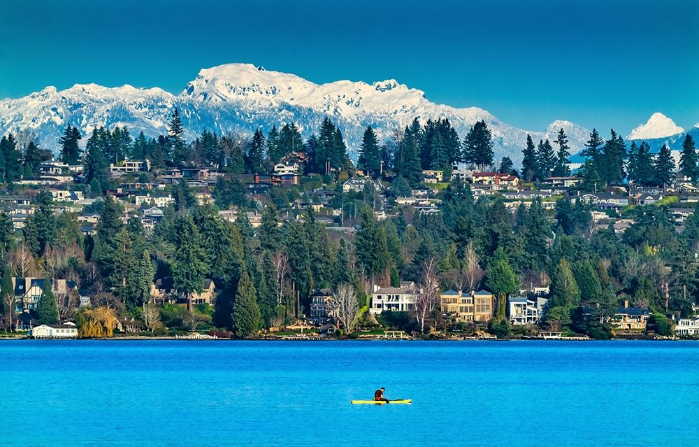 Yellow canoe and houses-Lake Washington and snowcapped Cascade Mountains-Bellevue-Washington State art print by William Perry for $57.95 CAD
