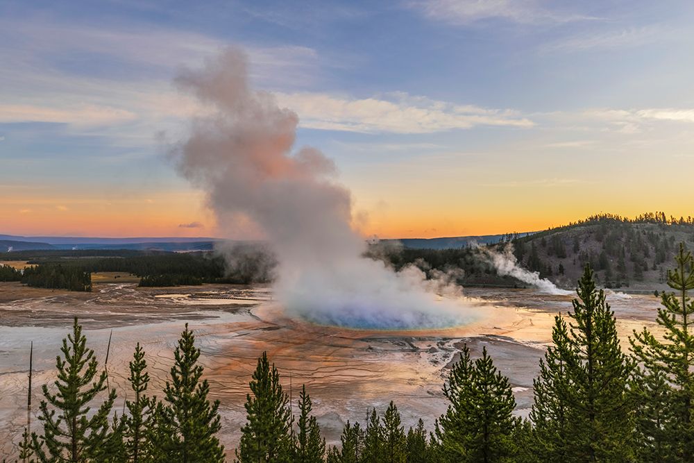 Elevated sunrise view of Grand Prismatic spring and colorful bacterial mat-Yellowstone National Park art print by Adam Jones for $57.95 CAD