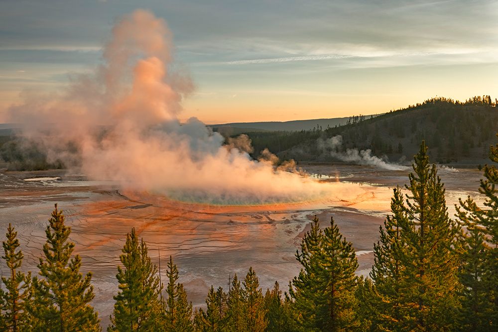 Elevated sunrise view of Grand Prismatic spring and colorful bacterial mat-Yellowstone National Park art print by Adam Jones for $57.95 CAD