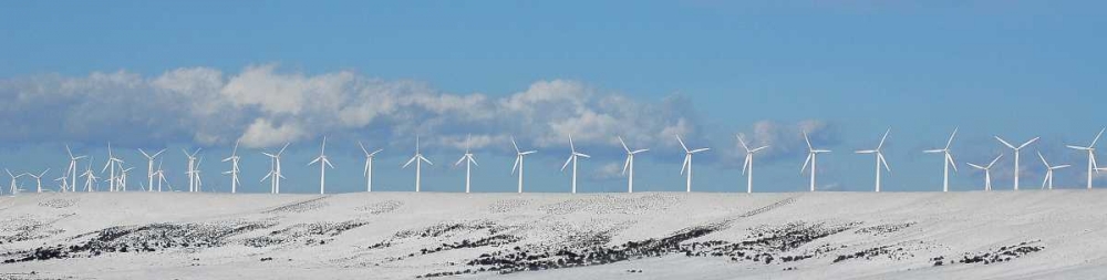 WY, Foote Creek Rim Row of wind turbines in snow art print by Steve Terrill for $57.95 CAD