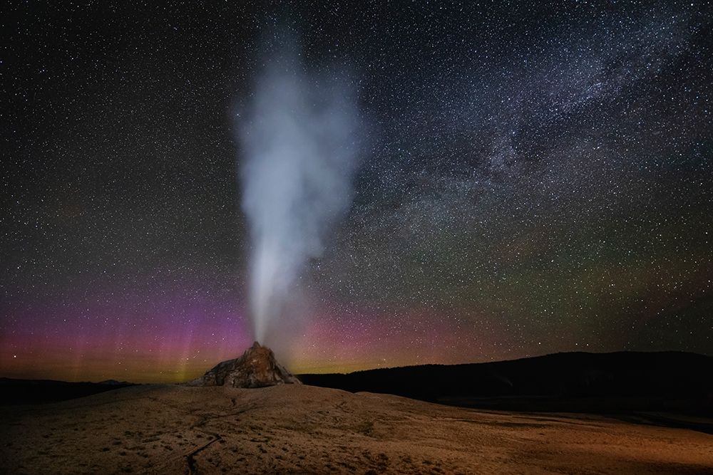 Wyoming-Yellowstone National Park Aurora and Milky Way above erupting White Dome Geyser art print by Jaynes Gallery for $57.95 CAD