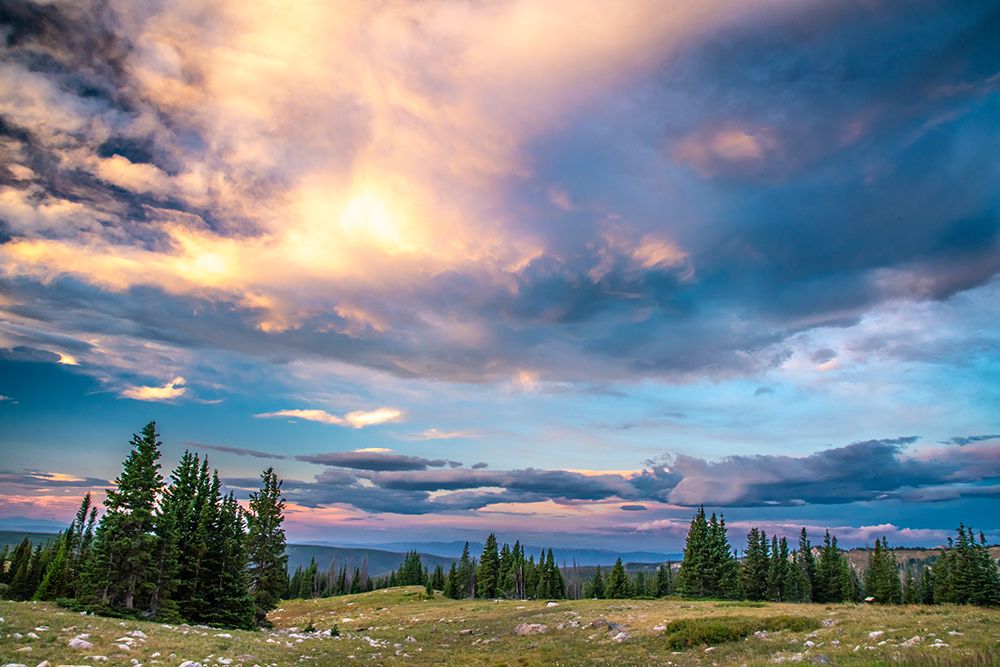 USA, Wyoming, Medicine Bow National Forest. Sunrise clouds over mountain and forest landscape. art print by Jaynes Gallery for $57.95 CAD