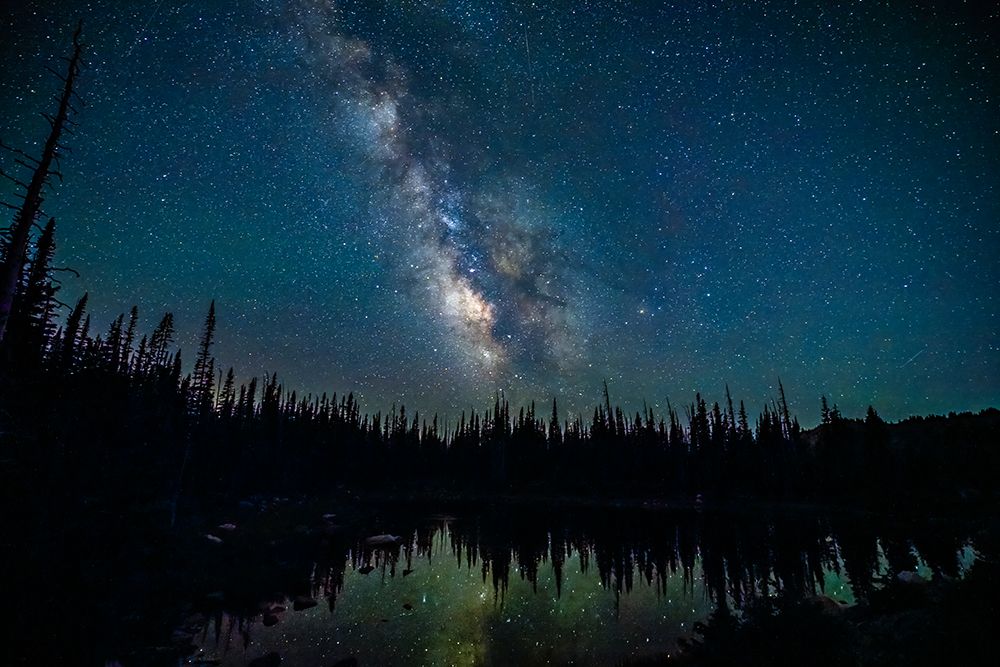 USA, Wyoming, Medicine Bow National Forest. Milky Way reflects in lake at night. art print by Jaynes Gallery for $57.95 CAD