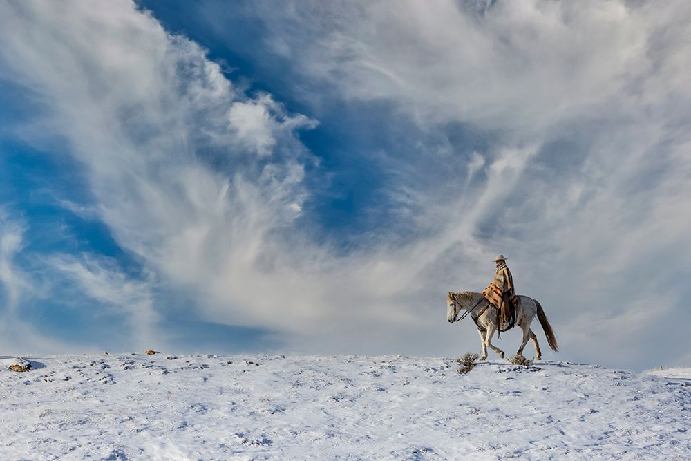 USA- Shell- Wyoming. Hideout Ranch cowgirl on horseback riding on ridgeline snow. art print by Darrell Gulin for $57.95 CAD