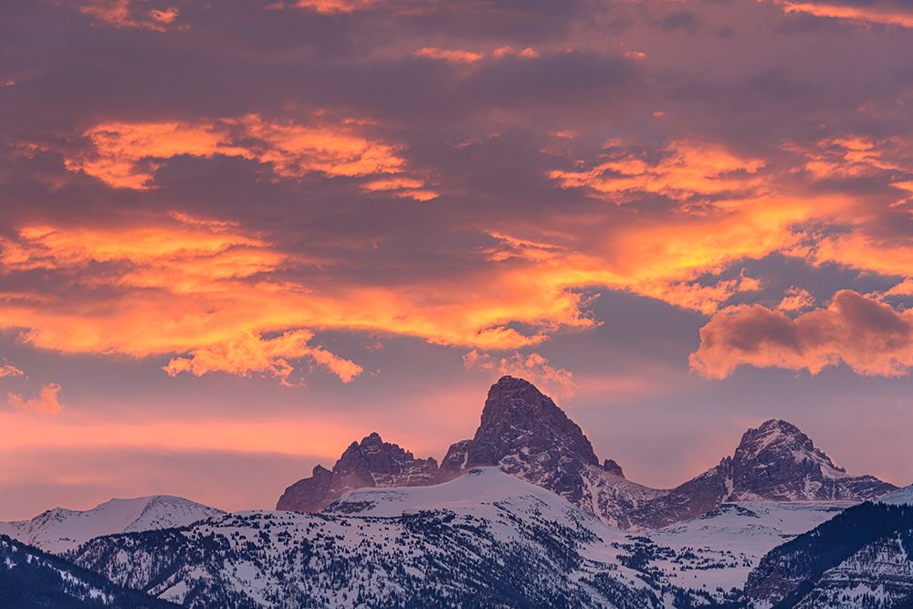 USA-Wyoming. Orange sunset and landscape of Table-Grand and Middle Teton and Mt. Owen. art print by Howie Garber for $57.95 CAD