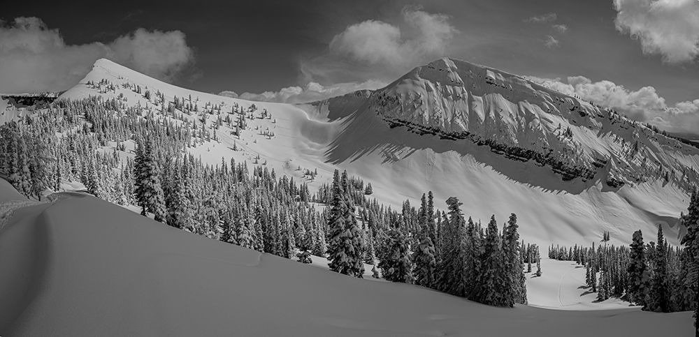 USA-Wyoming. Panoramic of Peaked Mountain and Marys Nipple-Grand Targhee Resort with new snow. art print by Howie Garber for $57.95 CAD