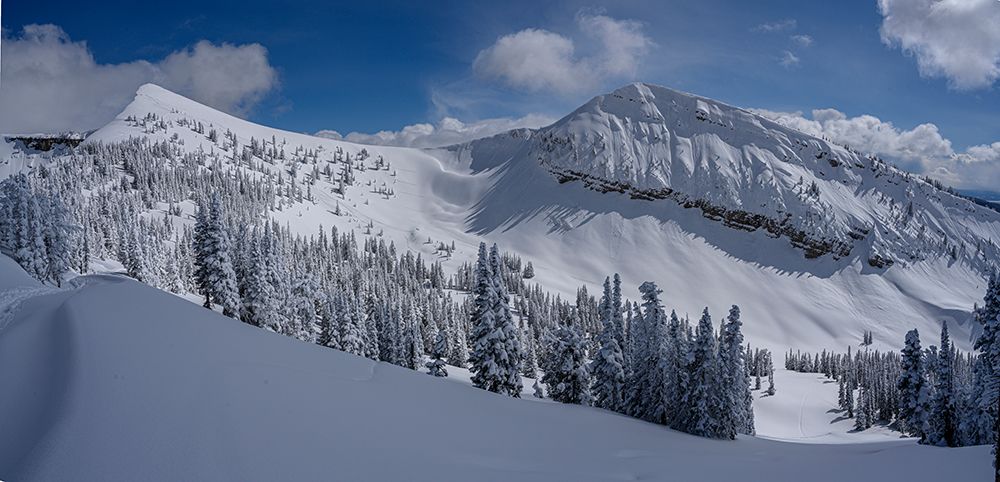 USA-Wyoming. Panoramic of Peaked Mountain and Marys Nipple-Grand Targhee Resort with new snow. art print by Howie Garber for $57.95 CAD