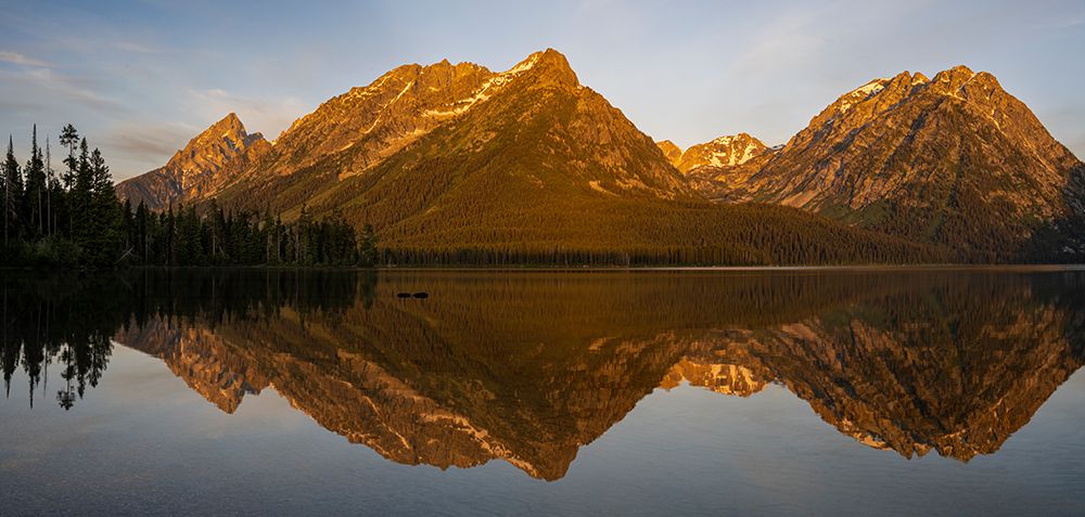 USA, Wyoming. Panoramic landscape of Mount Woodring and St. John from Leigh Lake, Grand Teton NP art print by Howie Garber for $57.95 CAD