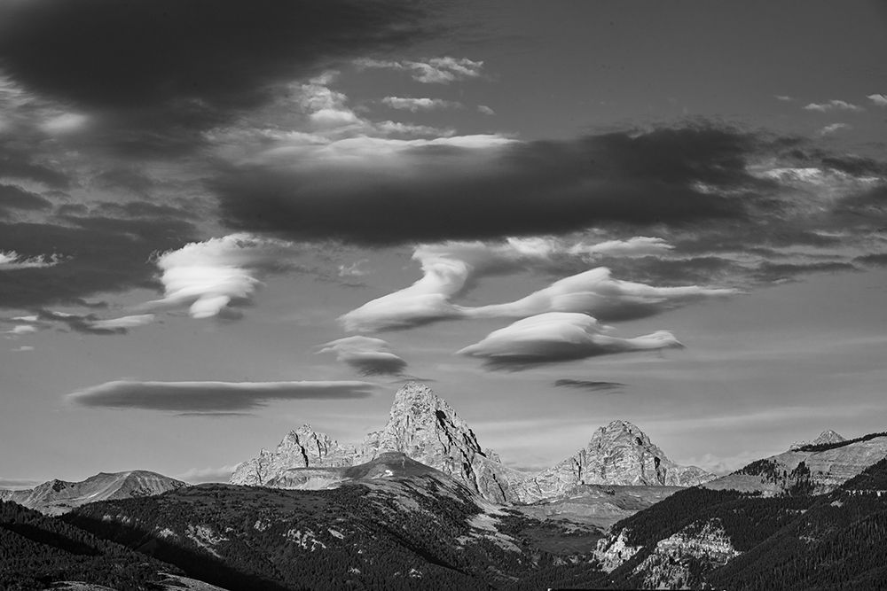 USA, Wyoming. Black and white of clouds over Mount Owen, Grand and Middle Teton seen from west. art print by Howie Garber for $57.95 CAD