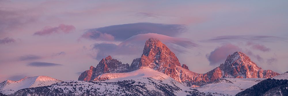 USA, Wyoming. Panoramic landscape of alpenglow over Teton Range from the west with cirrus cloud art print by Howie Garber for $57.95 CAD