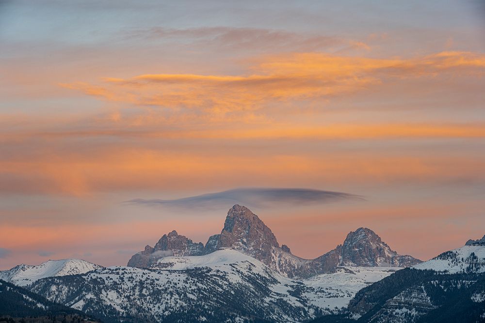 USA, Wyoming. Sunset over Teton Range from the west with cirrus and lenticular clouds. art print by Howie Garber for $57.95 CAD