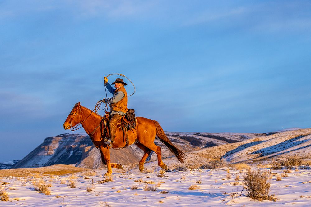 USA- Wyoming. Hideout Horse Ranch- wrangler and horse in snow. art print by Hollice Looney for $57.95 CAD