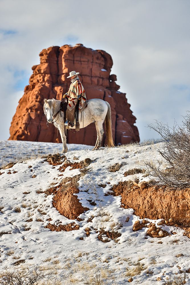 USA- Wyoming. Hideout Horse Ranch- wrangler on horseback in snow. art print by Hollice Looney for $57.95 CAD