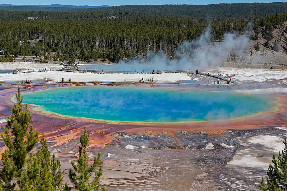 Yellowstone National Park-USA-Wyoming Grand Prismatic Spring with tourist art print by Jolly Sienda for $57.95 CAD