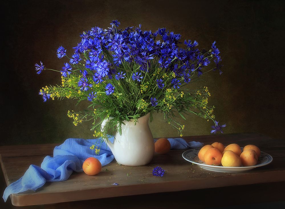 Still life with cornflowers and apricots art print by Tatyana Skorokhod for $57.95 CAD