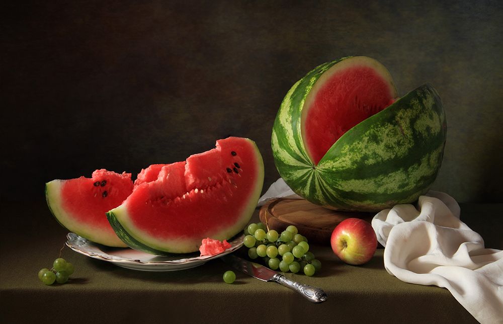 Still life with watermelon and grapes art print by Tatyana Skorokhod for $57.95 CAD