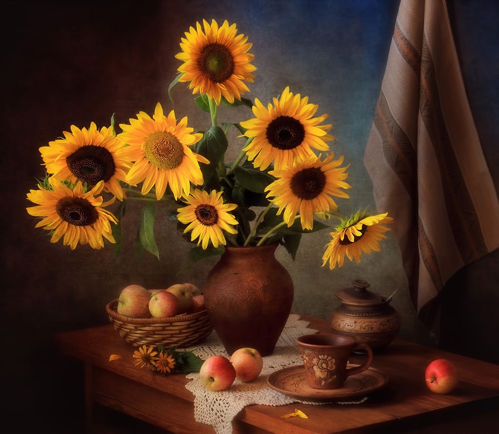 Still life with sunflowers and apples art print by Tatyana Skorokhod for $57.95 CAD