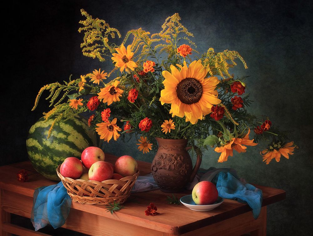 Still life with apples and bouquet art print by Tatyana Skorokhod for $57.95 CAD