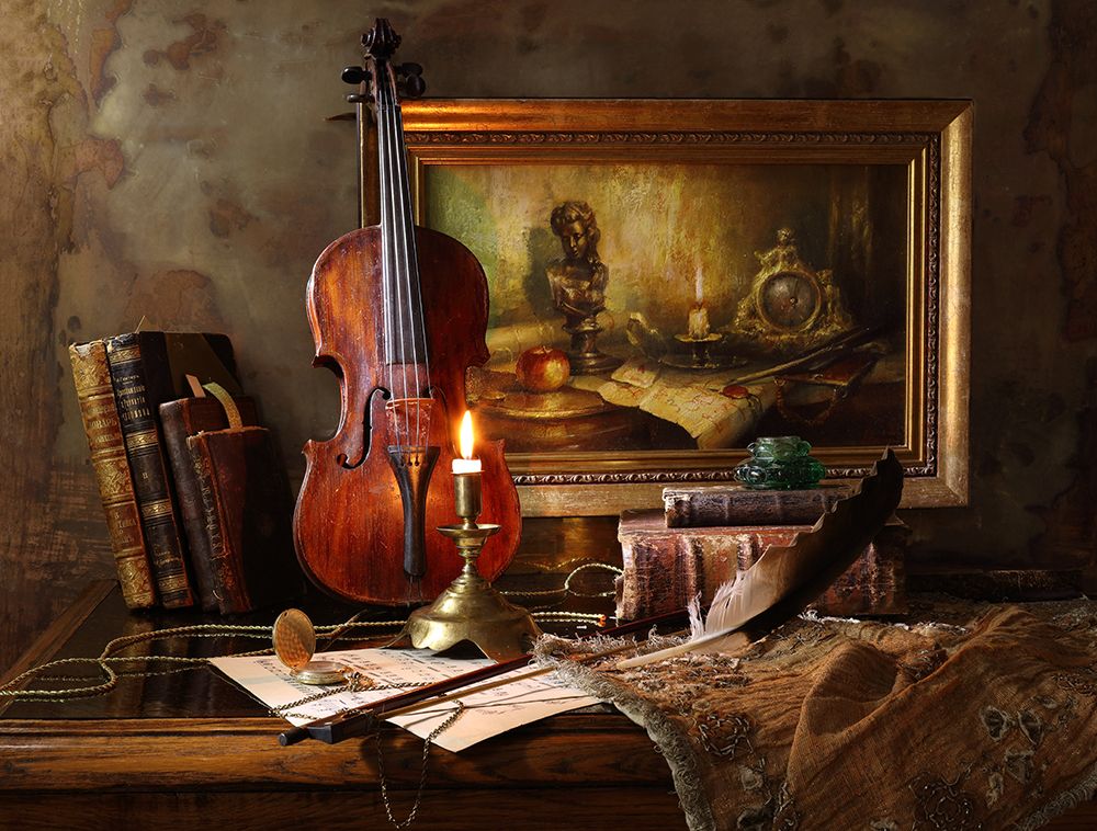 Still Life With Violin And Painting art print by Andrey Morozov for $57.95 CAD