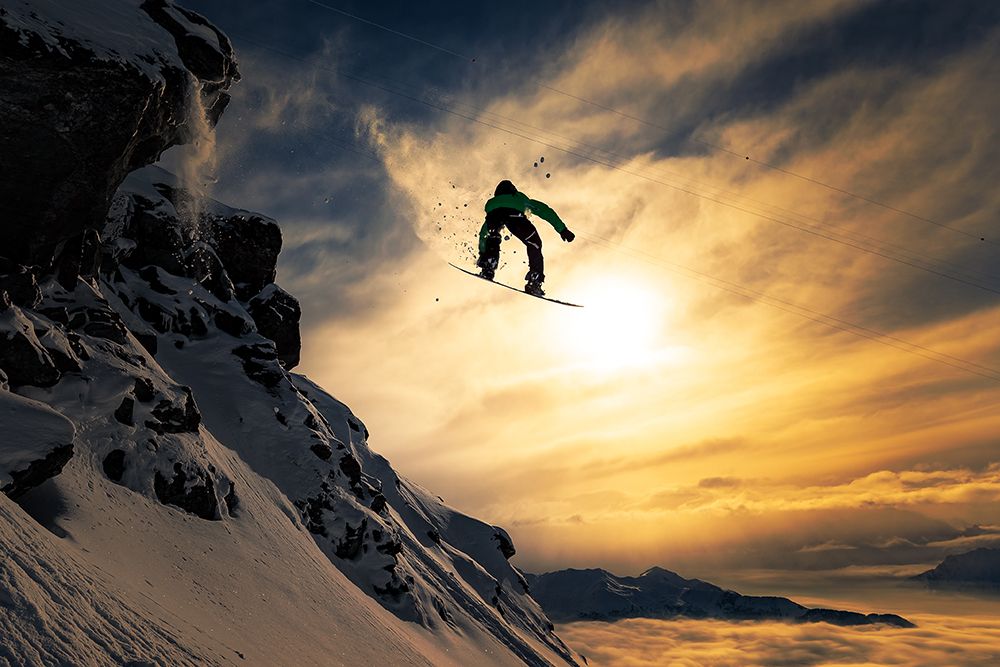 Sunset Snowboarding art print by Jakob Sanne for $57.95 CAD