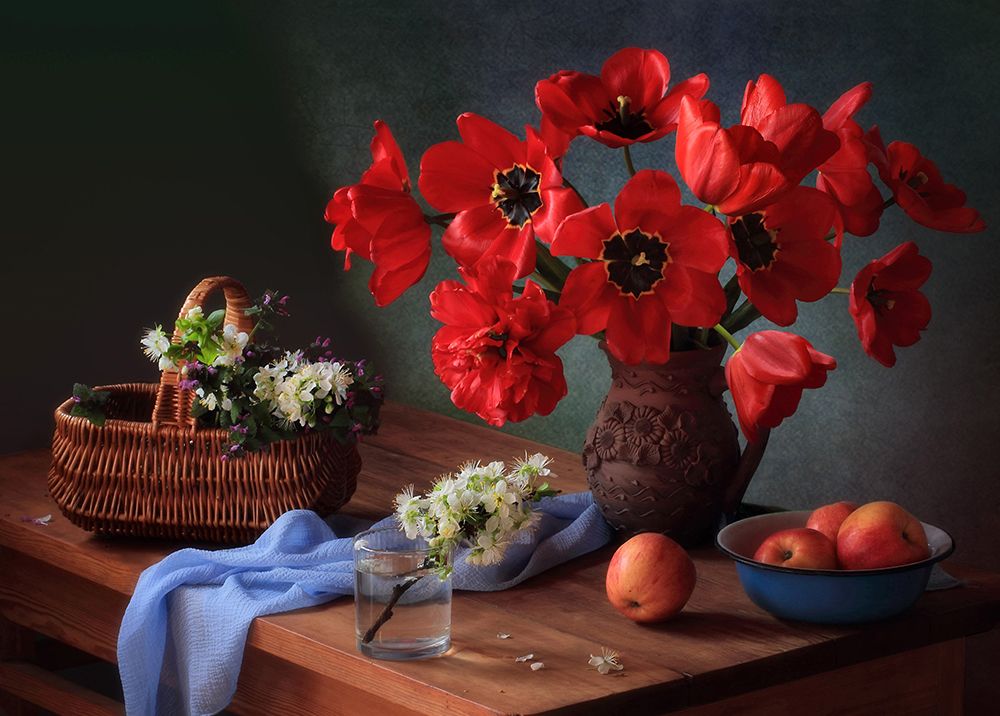 With a bouquet of red tulips art print by Tatyana Skorokhod for $57.95 CAD