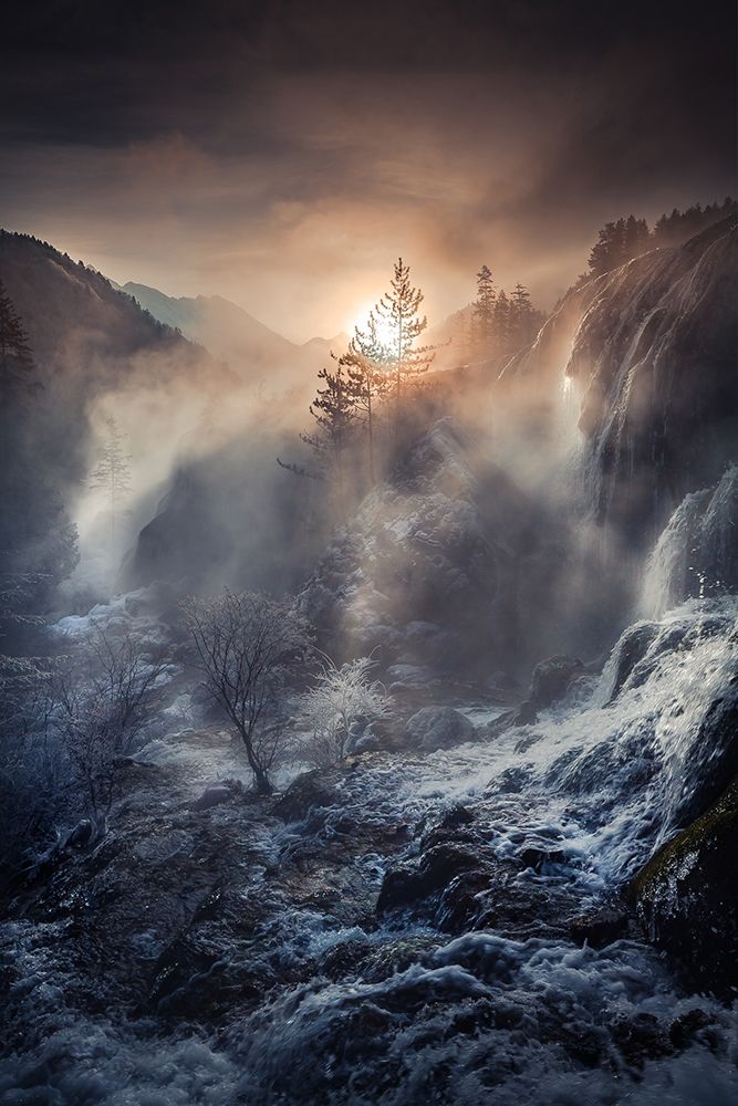 Sunlit Misty Mountain Falls art print by qiye for $57.95 CAD