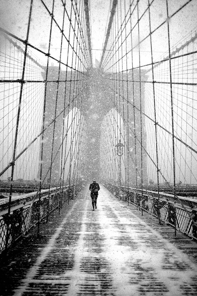 New York Walker in Blizzard - Brooklyn Bridge art print by Martin Froyda for $57.95 CAD