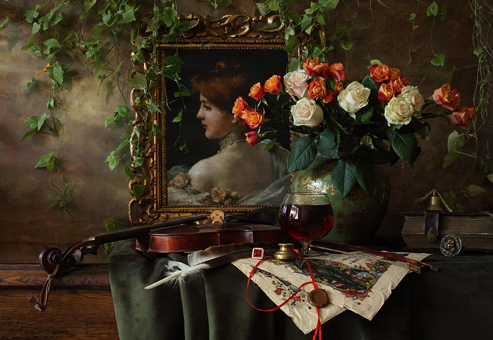 Still Life With Violin And Flowers art print by Andrey Morozov for $57.95 CAD