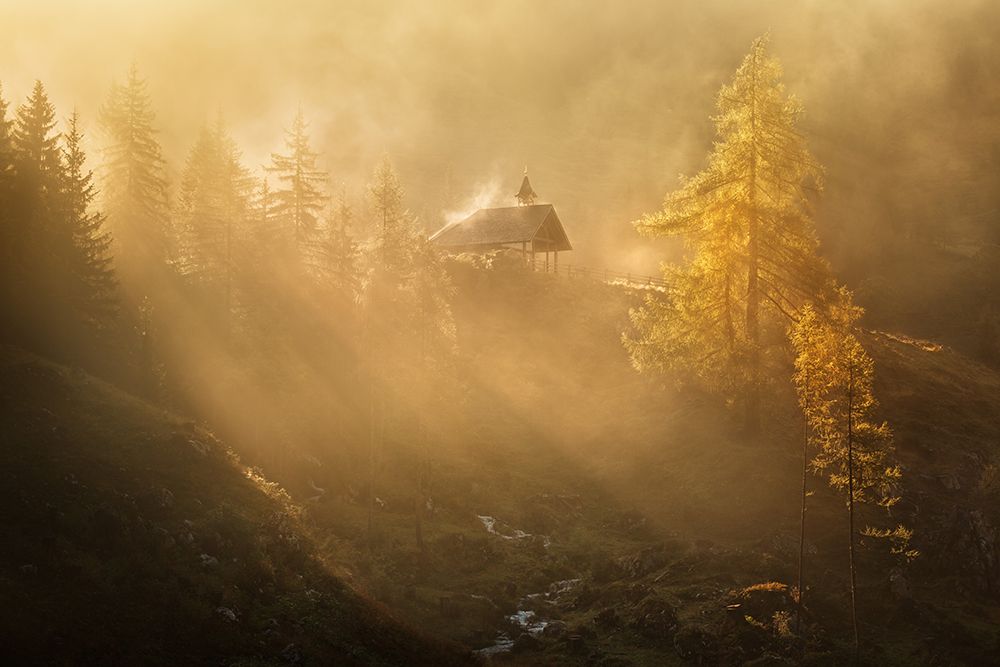 Alpine Church In The Morning Fog art print by Daniel Rericha for $57.95 CAD