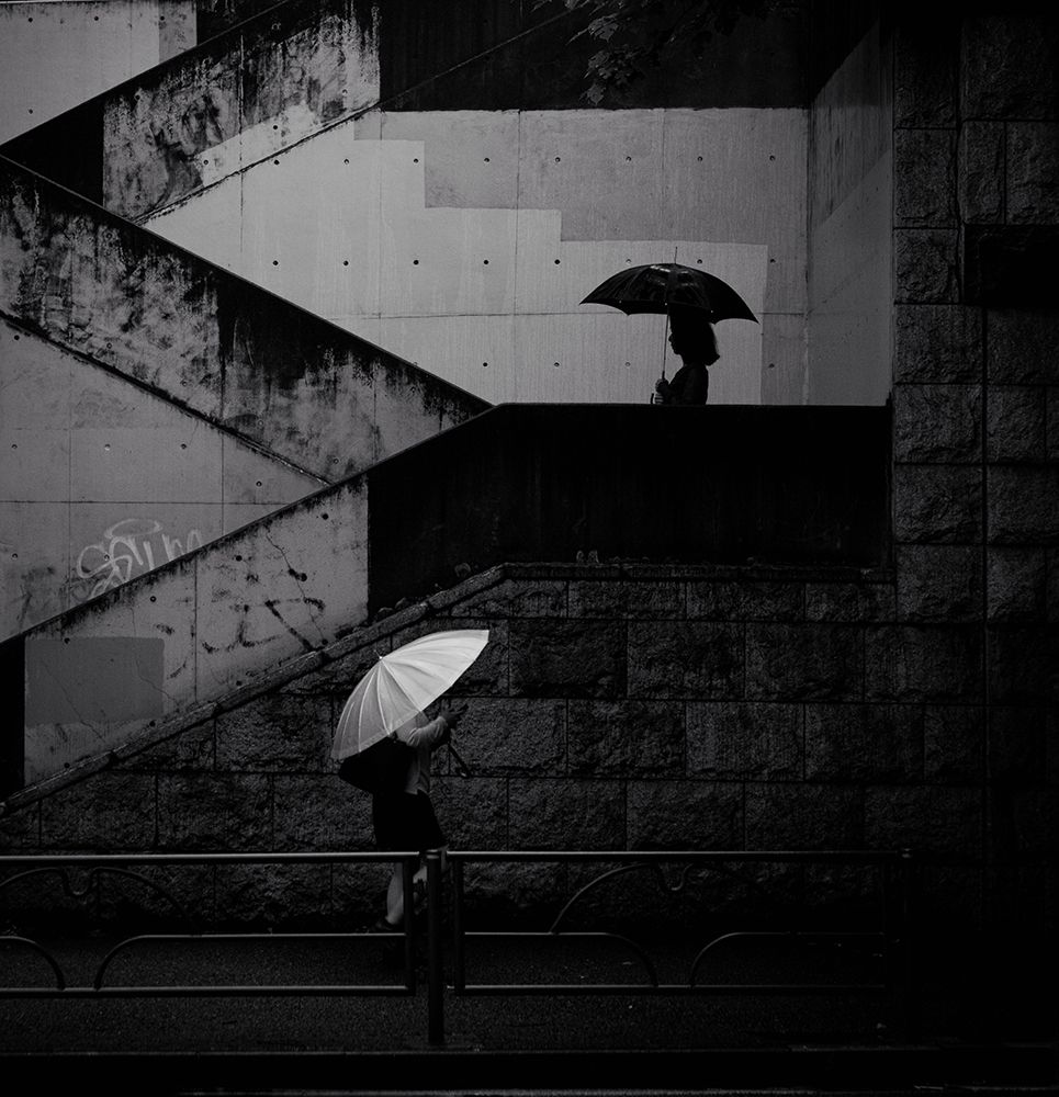 A black umbrella and  a white umbrella art print by Yasuhiro Takachi for $57.95 CAD