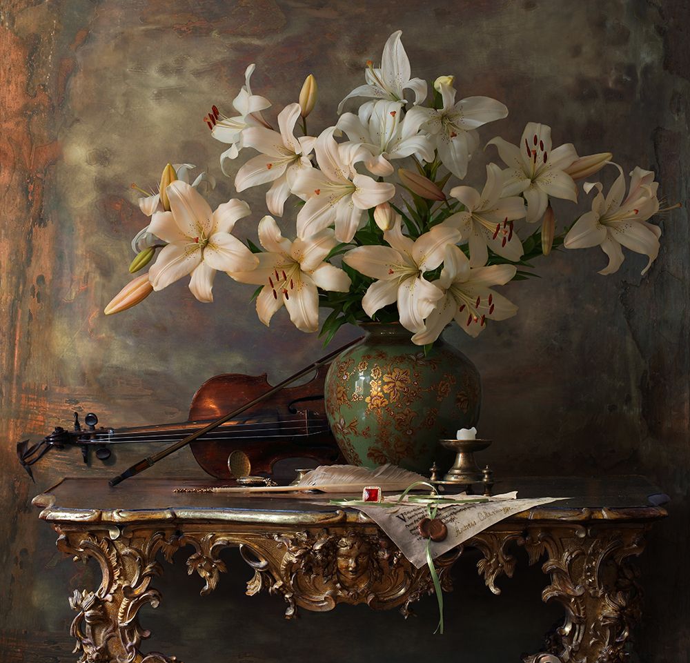 Still Life With Violin And Flowers art print by Andrey Morozov for $57.95 CAD