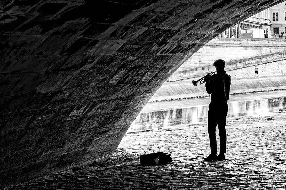 Music under the bridge art print by Isabelle Dupont for $57.95 CAD