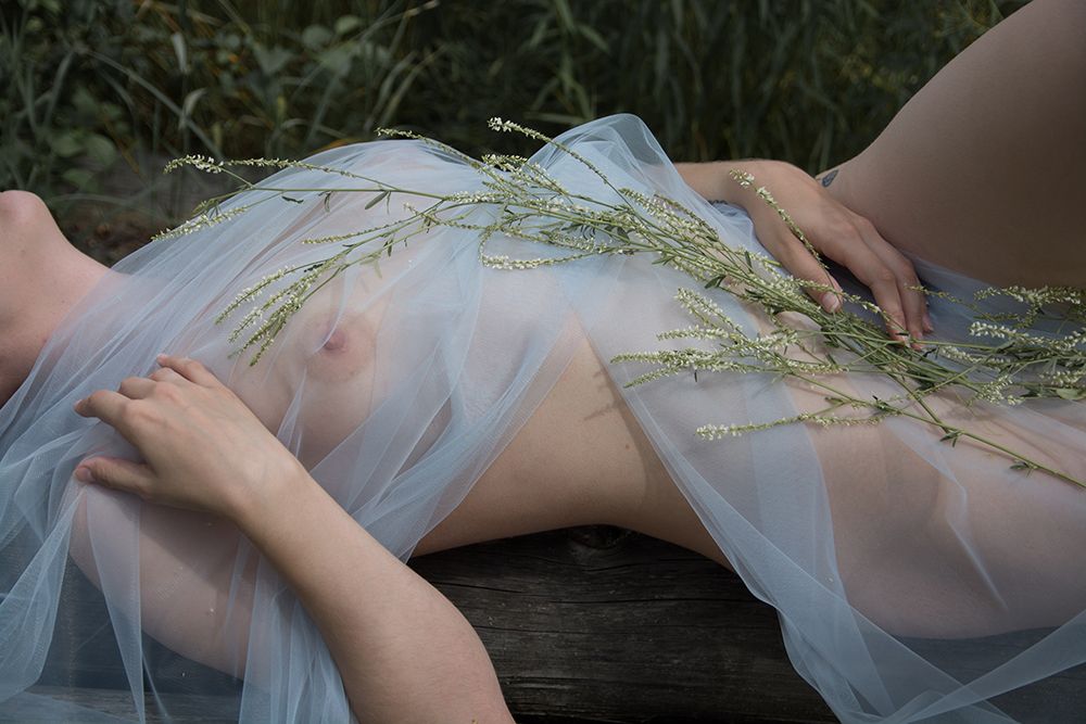 A Naked Girl Lies On A Lawn Under A Sheer Fabric With Flowers. art print by Alesia Mikhailova for $57.95 CAD