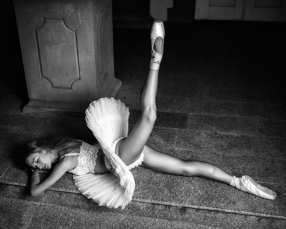 Ballerina Lying On The Stairs Bw art print by Vasil Nanev for $57.95 CAD