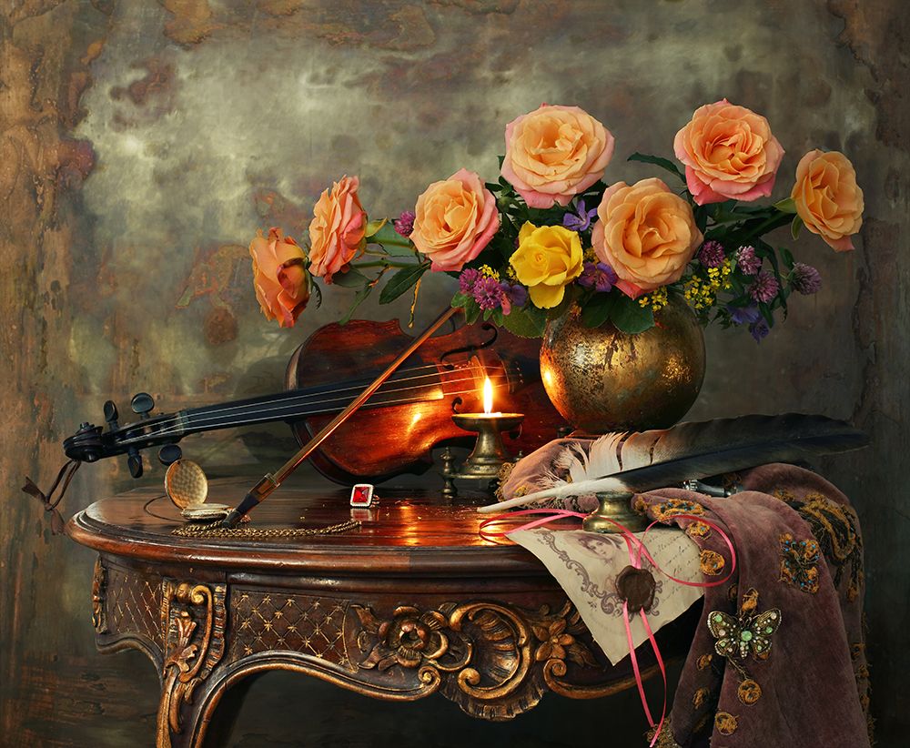 Still Life With Violin And Flowers art print by Andrey Morozov for $57.95 CAD