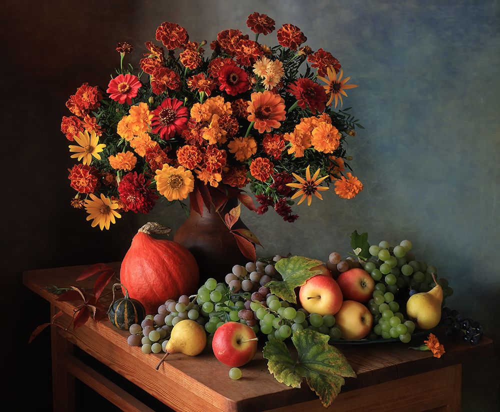 Still Life With A Bouquet Of Autumn Flowers And Grapes art print by Tatyana Skorokhod for $57.95 CAD