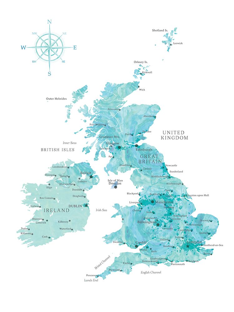 Aquamarine watercolor map of the United Kingdom art print by Rosana Laiz Blursbyai for $57.95 CAD