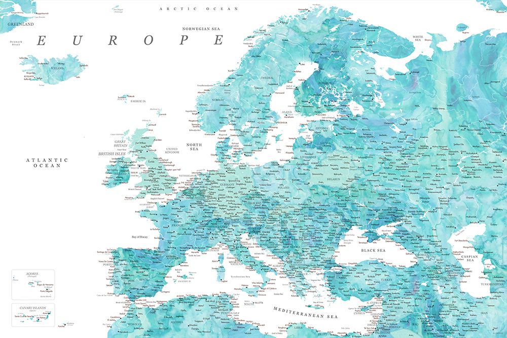 Aquamarine detailed map of Europe art print by Rosana Laiz Blursbyai for $57.95 CAD