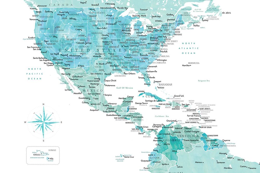 Aquamarine map of USA and Mexico art print by Rosana Laiz Blursbyai for $57.95 CAD