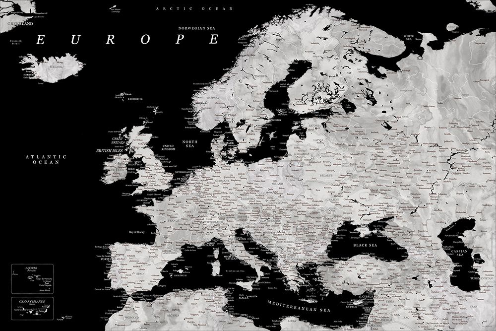 Black and grey detailed map of Europe art print by Rosana Laiz Blursbyai for $57.95 CAD