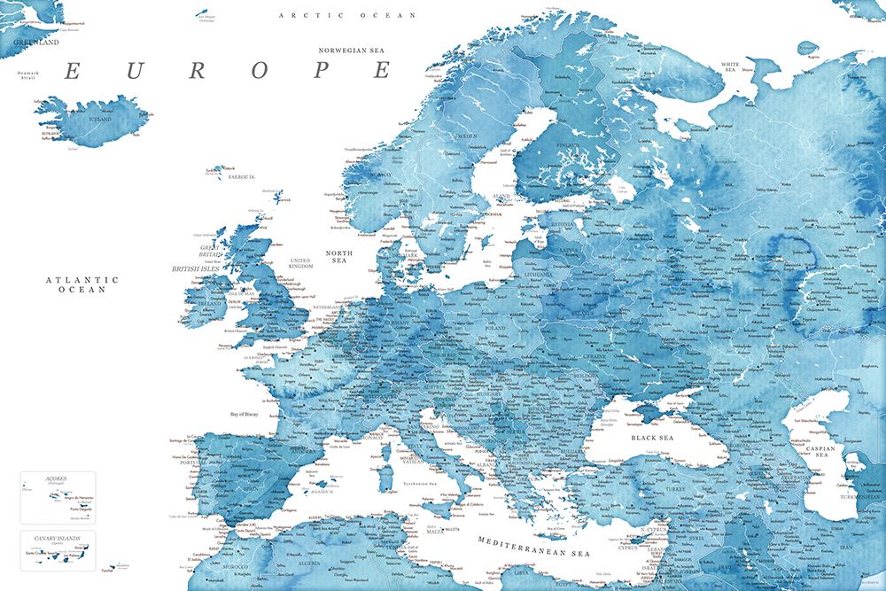Blue detailed map of Europe art print by Rosana Laiz Blursbyai for $57.95 CAD